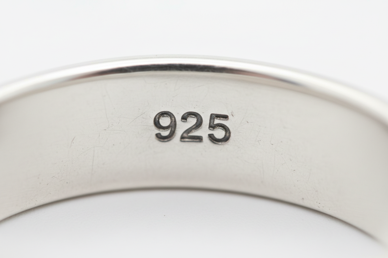 en närbild av insidan av ett silversmycke där man ser en stämpel för 925 sterling silver i. Bakgrunden är ljus och suddig, men endast silversmyckets insida i fokus. Man ser inte vad det är för sorts smycke, utan bara att det är i silver med en stämpel