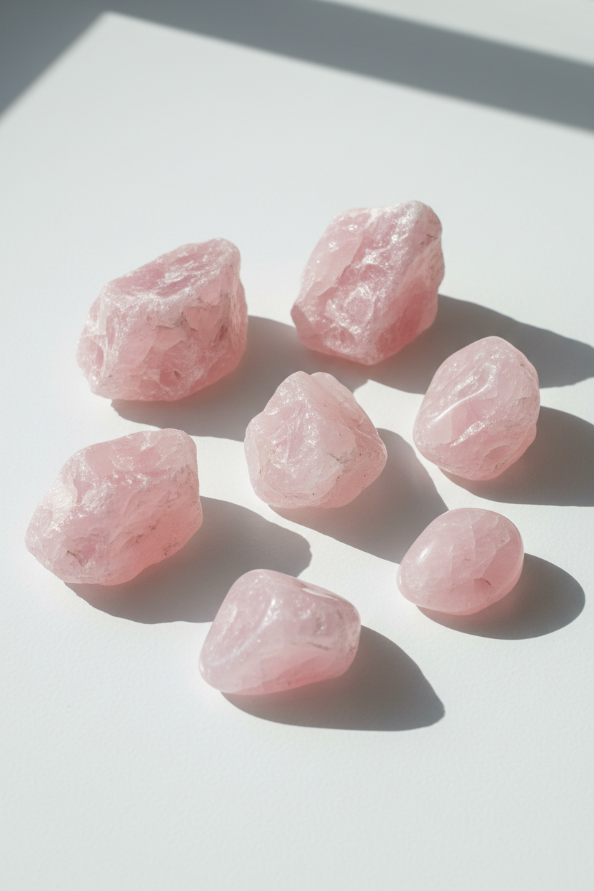 gör en bild av råa naturliga rosenkvartskristaller som ligger på ett ljust underlag. Det är naturligt solljus i bilden. Gör bilden högre än vad den är bred, dvs längre verikalt och kortare horisontellt