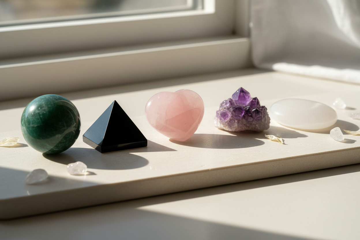 gör en bild med kristallerna: grön aventurin, svart onyx, rosenkvarts, lila ametist och vit jade. Det ska vara på ett ljust underlag och det är mycket naturligt solljus i bilden