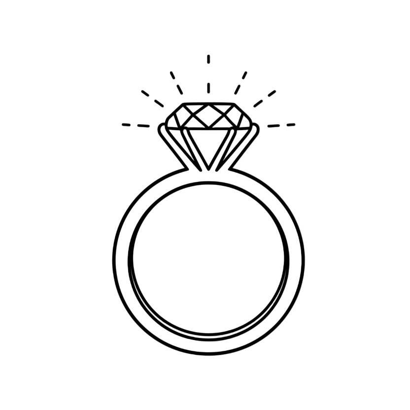 gör en enkel skiss av en diamantring som blänker. Det ska vara svart outline och ingen bakgrund