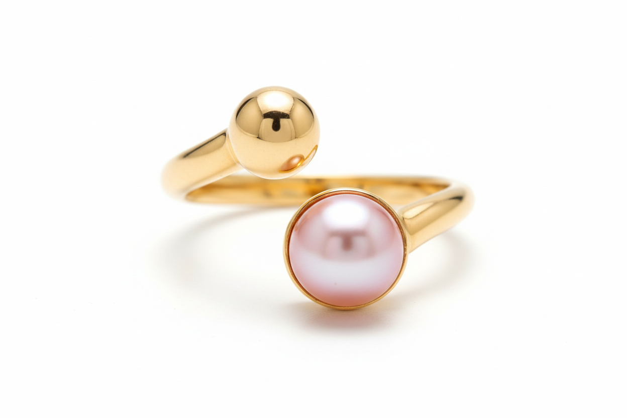 gör en guldring som är öppen på framsidan. Ena änden är slät och guldig och på den andra änden sitter en rosa pärla