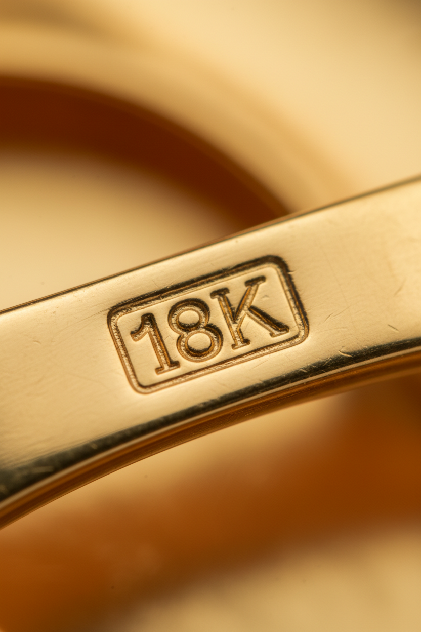 gör en närbild av guld med 18 K guldstämpel. Bilden ska vara längre vertikalt och kortare horistontellt