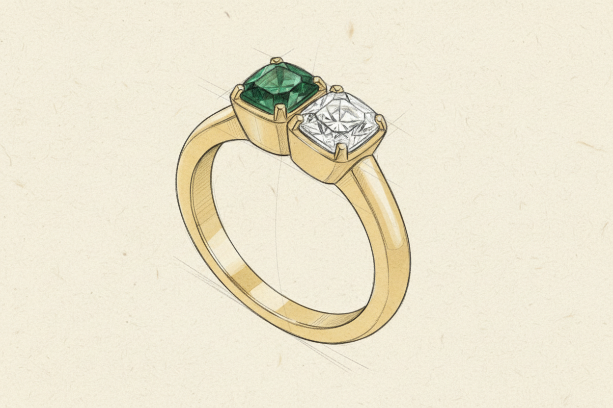 gör en skiss av en enkel ring i guld med en grön diamant och en vanlig diamant bredvid varandra