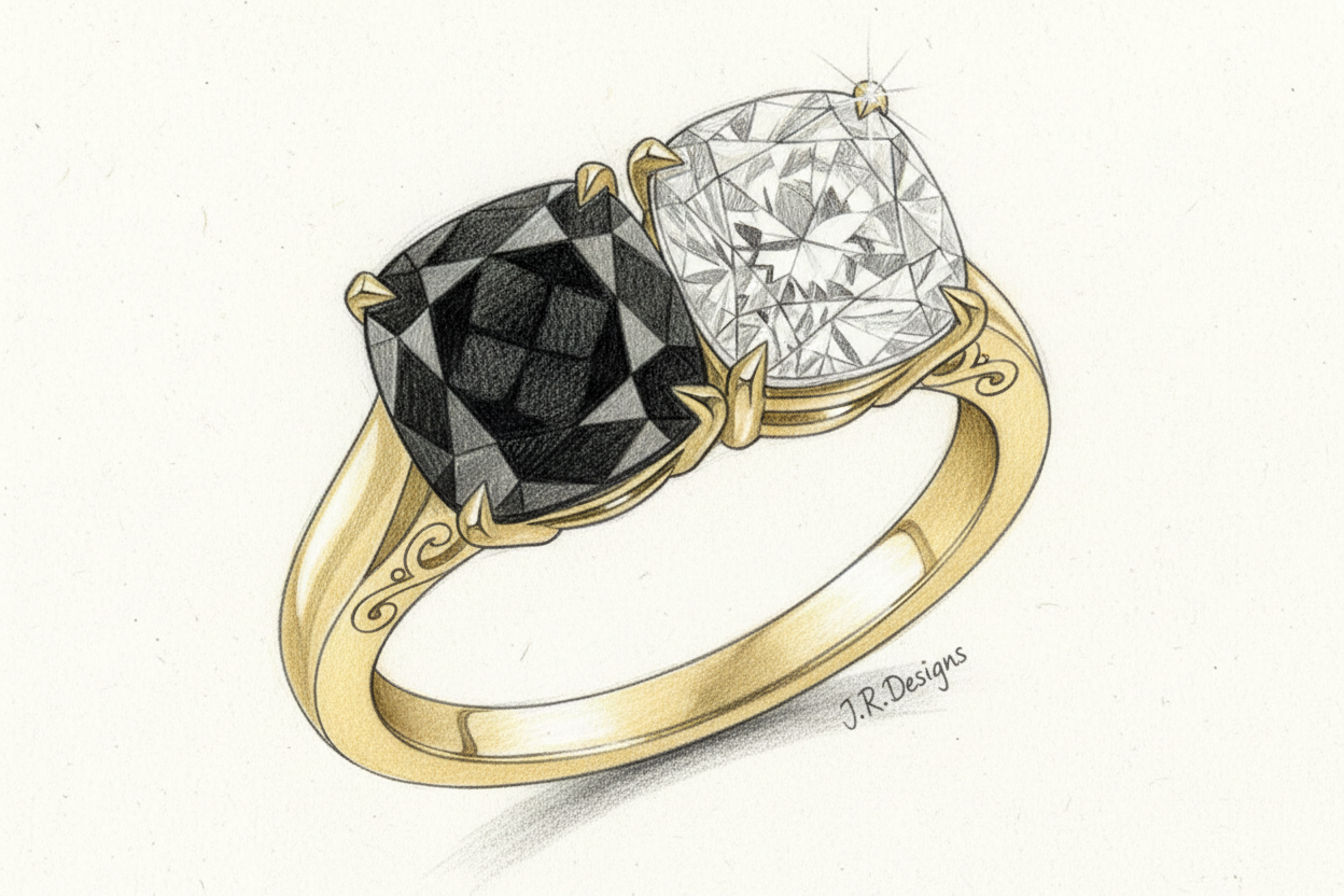 gör en skiss av en guldring med en svart diamant och bredvid den en vanlig diamant