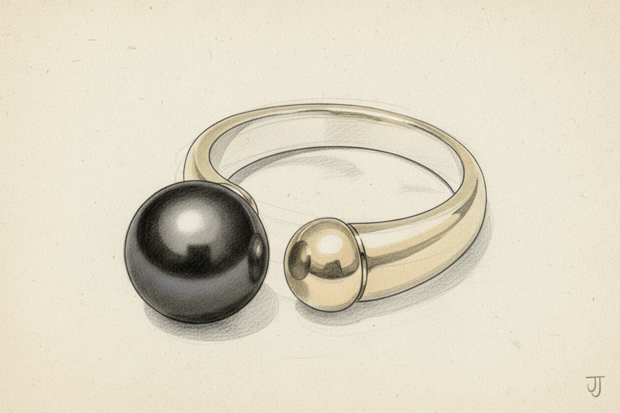 gör en skiss av en guldring som är öppen på framsidan. Ena änden har en svart pärla, och den andra änden är rundad och slät guld