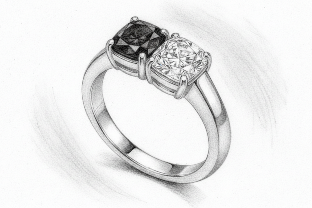 gör en skiss av en silverring med en svart diamant och bredvid den en vanlig diamant