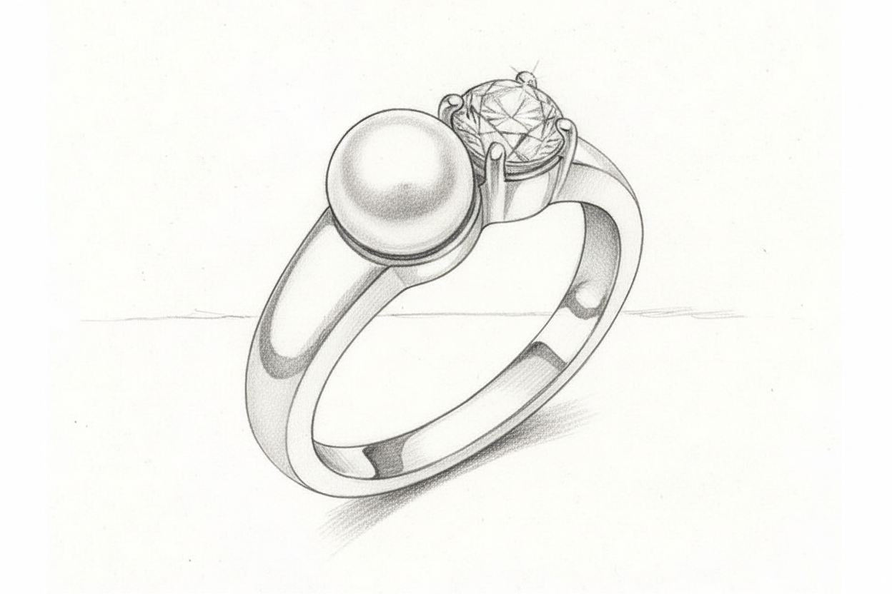 gör en skiss av en simpel ring i silver med en vit pärla och en diamant bredvid varandra