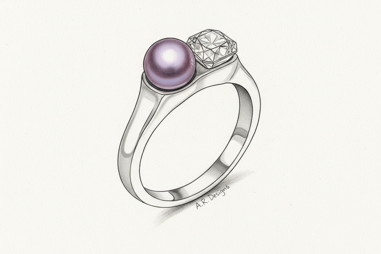 gör en skiss av en simpel silverring med en lila pärla och en diamant bredvid varandra