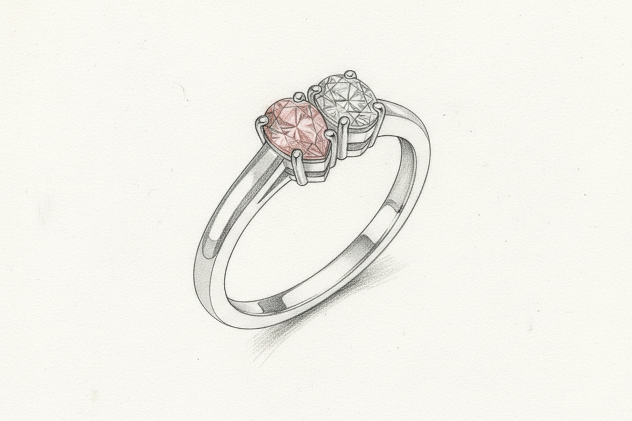 gör en skiss av en simpel silverring med en rosa diamant och en vanlig diamant bredvid varandra