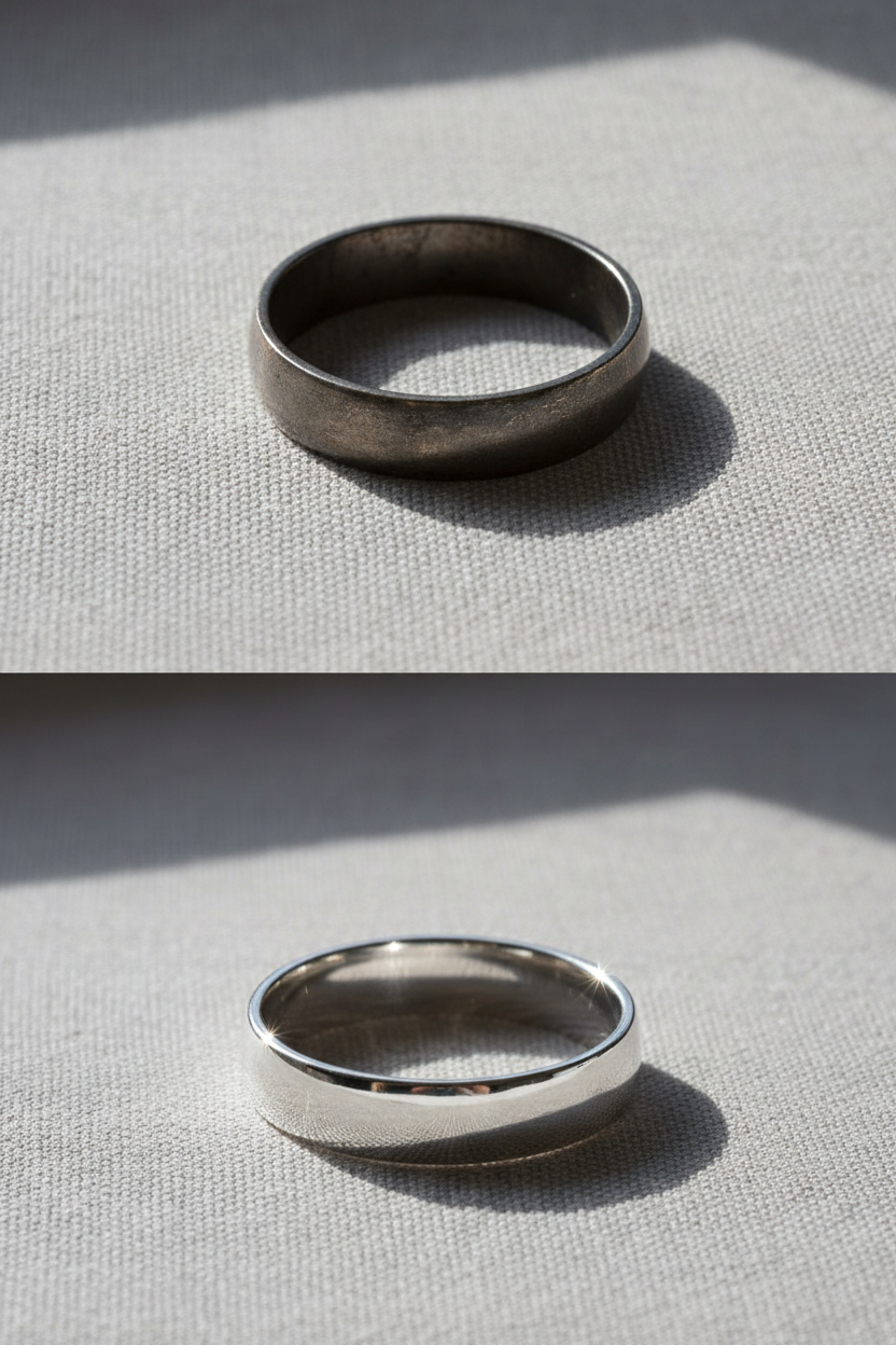 visa i övre delen av bilden en simpel silverring som oxiderat och är i behov av underhåll. I undre delen av bilden visas samma ring men glansig och skinande